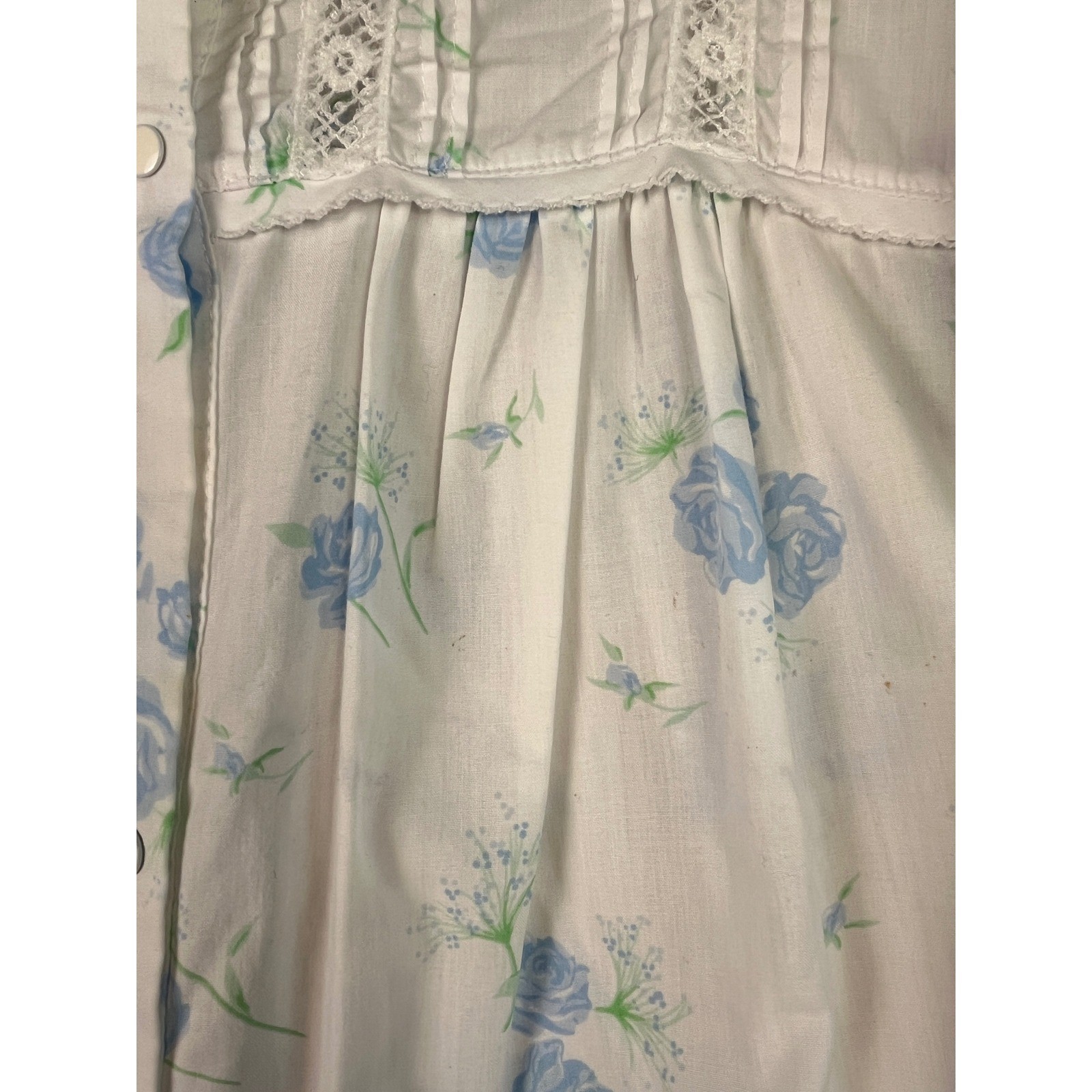 Vintage Aria Nightgown Medium Blue Granny Floral Snap Lace House Dress Long
