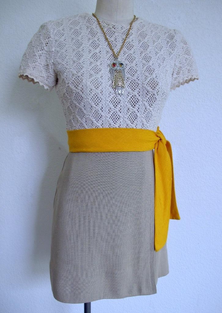 Vtg 60s Lanz Mod Mini Dress XXS Ivory Crochet Top Tan Skirt Orange Sash Autumn