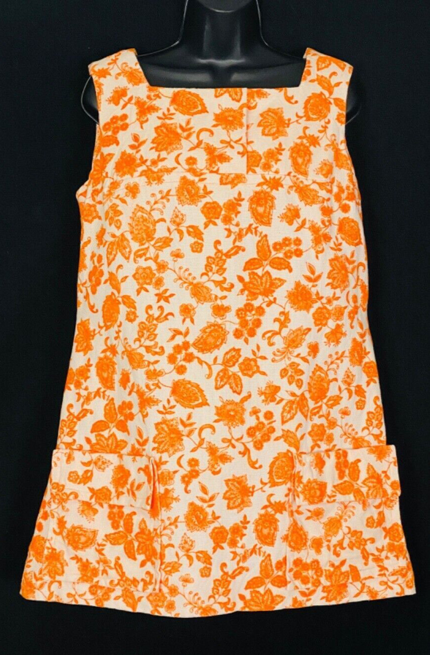 Vintage 1960s white orange floral mini dress, flocked linen sleeveless velvet S