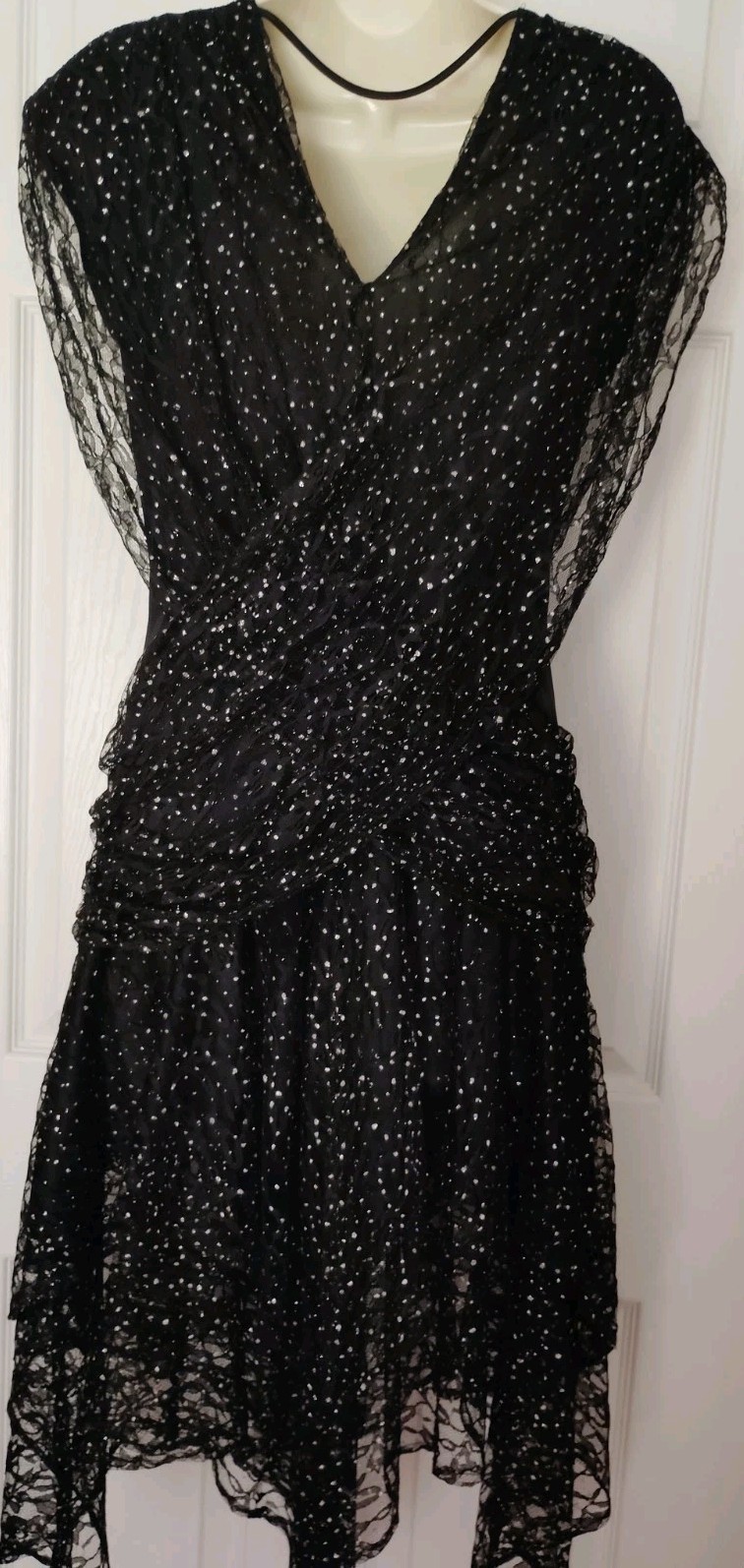 1980 PUNK GOTH FAIRY prom dress black silver lace layers handkerchief 8/10 USA