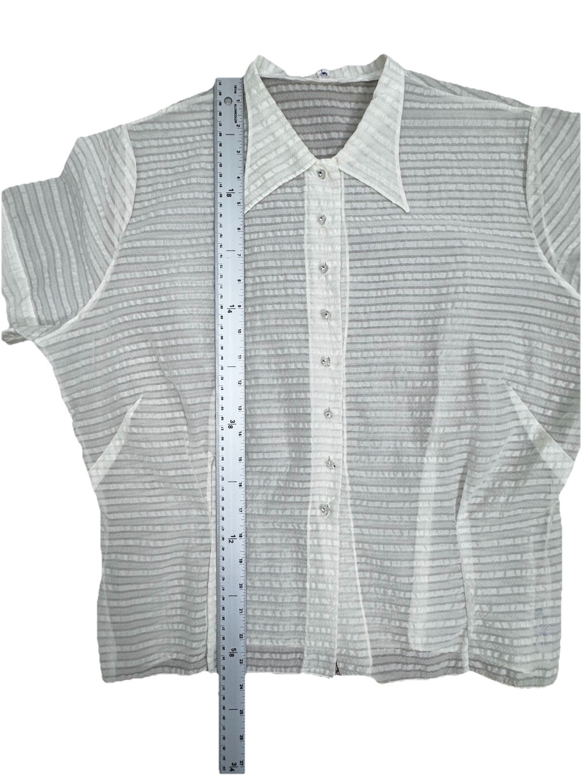 Vintage 50s Sheer Ivory Nylon Blouse Size 38 Short Sleeve Striped Point Collar