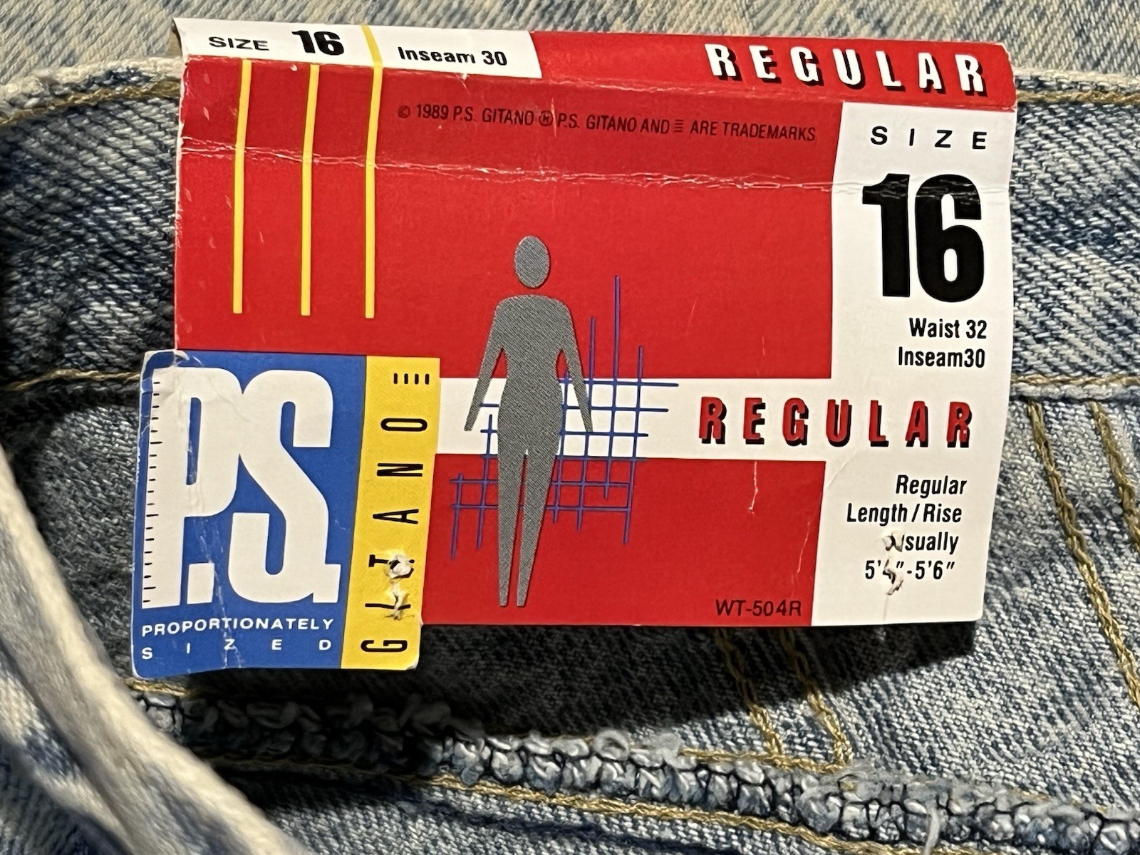 NEW VINTAGE 1989 PS Gitano ACID WASHED Women 16 32×30 Denim Blue Jeans USA MADE