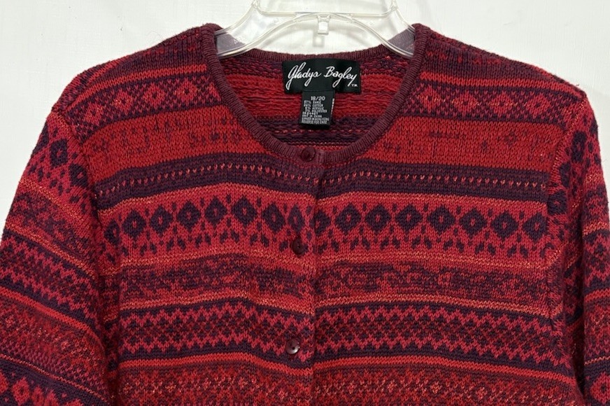 Gladys Bagley Sweater Cardigan 2X Red Fair isle Cotton Rami 18/20 Vintage 90s