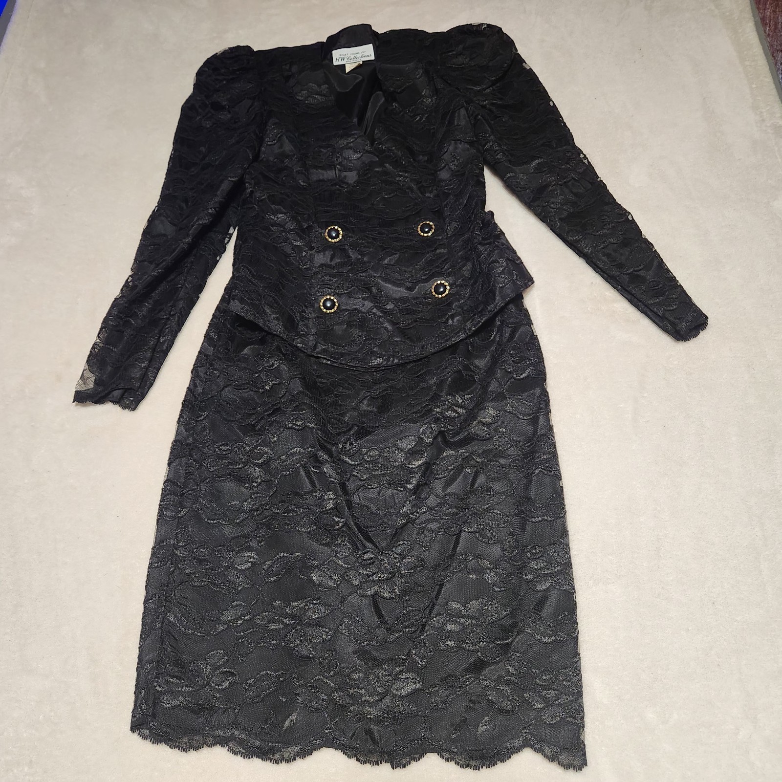 VTG 80s Shuet Young for HW Collections Black Lace Skirt Suit 2pc Set 6 Peplum