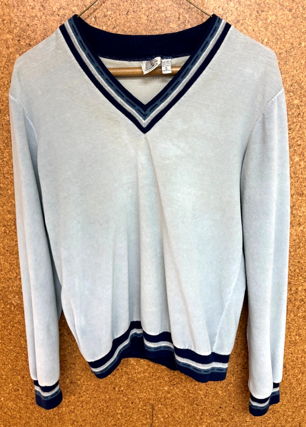 Vintage SPIRE Velour V Neck Pullover Top Gray w/ Stripped Trim Cotton/Poly SMALL