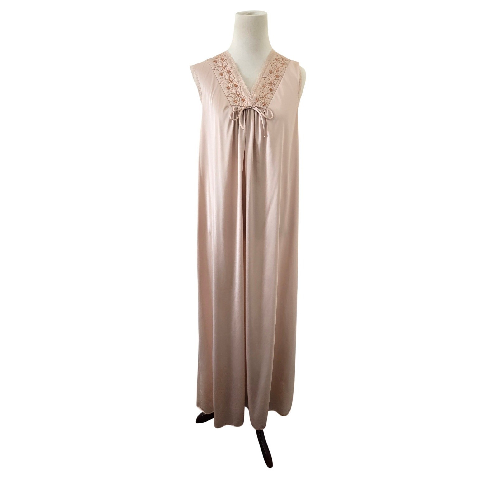 Vintage MG Champagne Antron Nylon Lace Floral Embroidered Maxi Nightgown Size M
