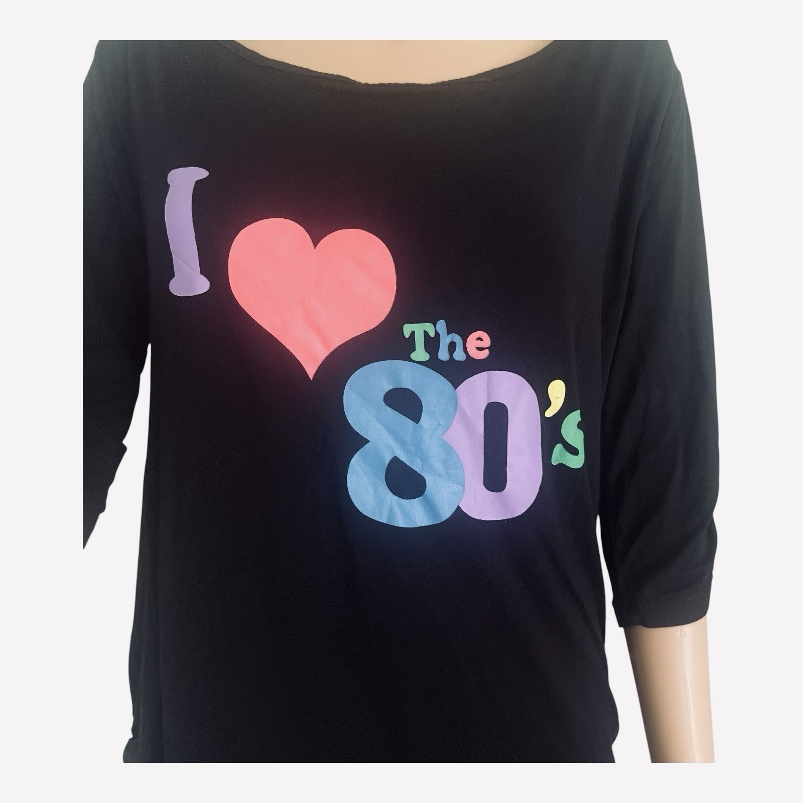 Vintage casual black top shirt L scooped neck graphic I Love The 80’s 3/4 sleeve