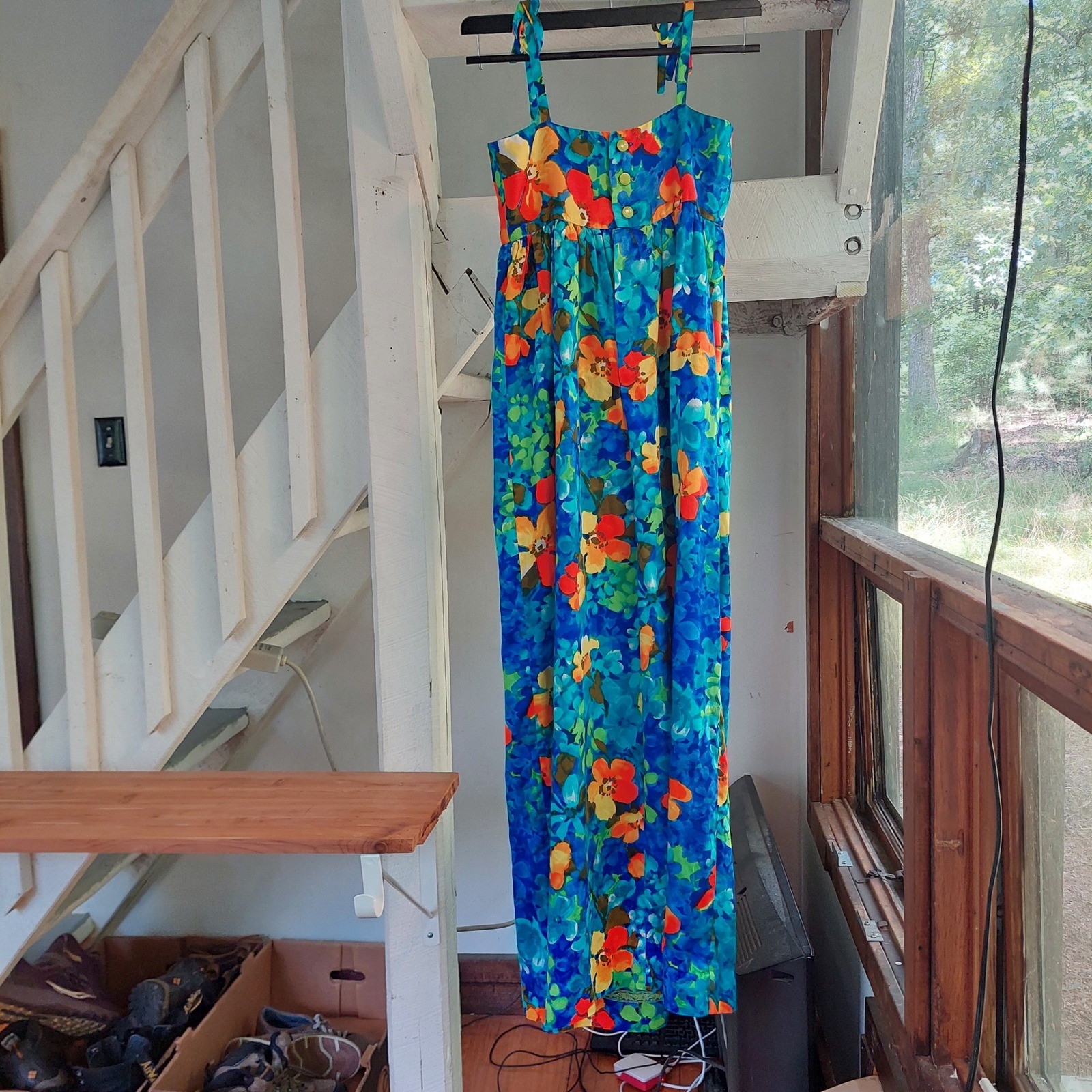 Vintage Floral Maxi Dress Blue Orange Tie Strap Empire Waist Boho Sun Dress