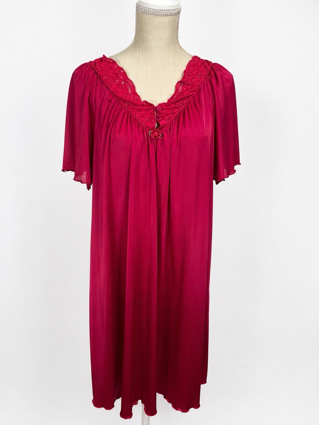 Vintage Shadowline Red Nylon Tricot Nightgown Lace Flutter Sleeve Women’s