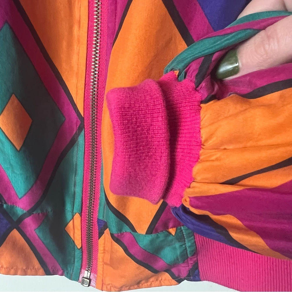 VTG 80s Carol Horn Silk Geometric Colorblock Bomber Jacket Pink Multi Sz M