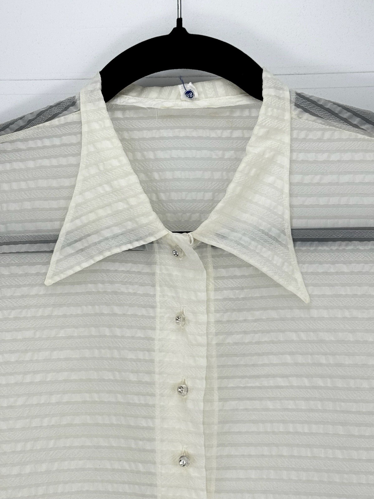 Vintage 50s Sheer Ivory Nylon Blouse Size 38 Short Sleeve Striped Point Collar