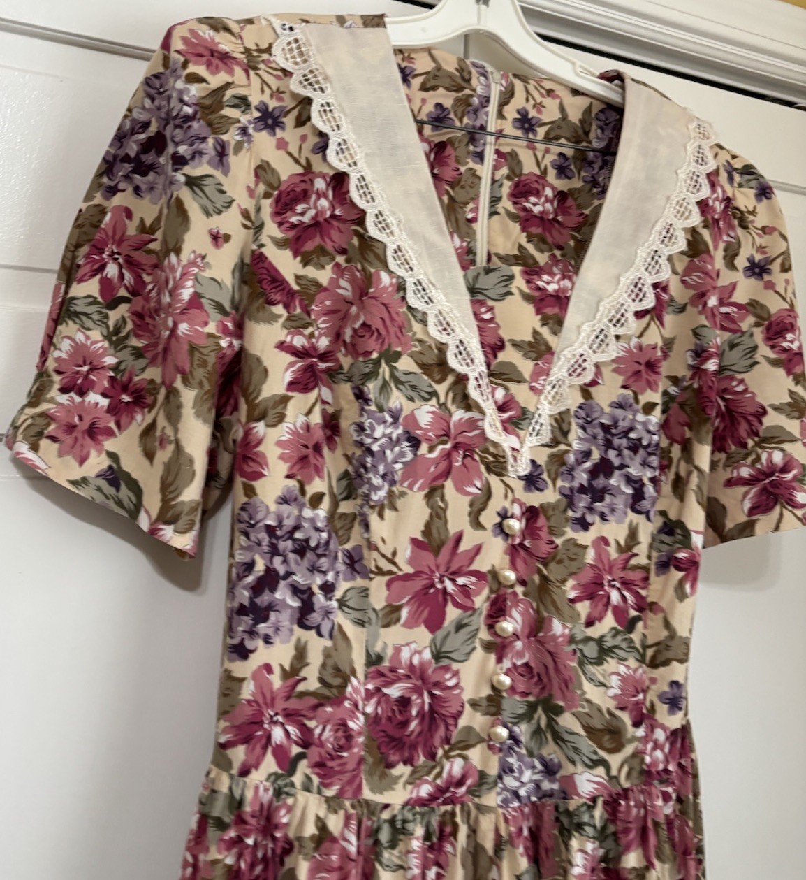 Vintage Floral Lace Collar Midi Dress~ Sz 12/14? Tea Garden Party COTTAGECORE