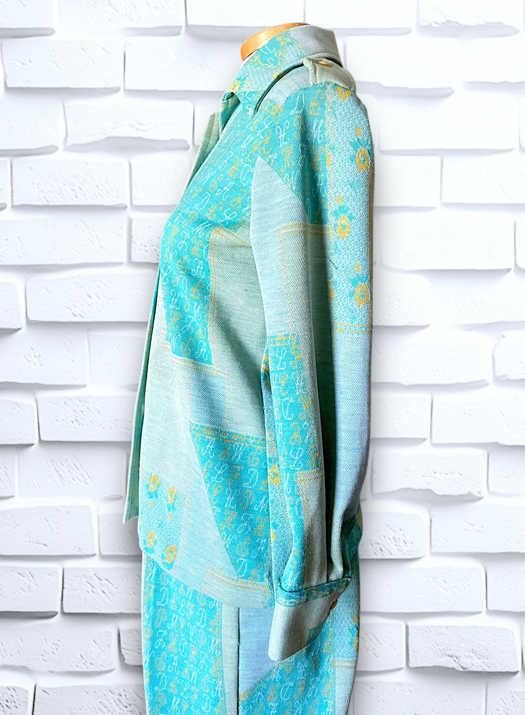 1960’s Teal, Sea Foam Green & Yellow Patchwork & Monogram Pattern Suit Spring