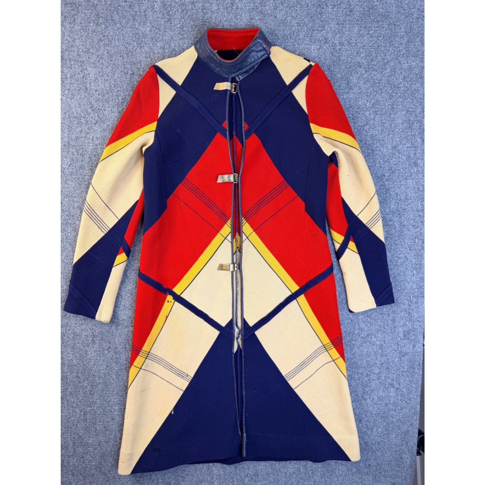 Vintage Geometric Colorblock Knit Cardigan Sweater Jacket Red Blue Yellow Small
