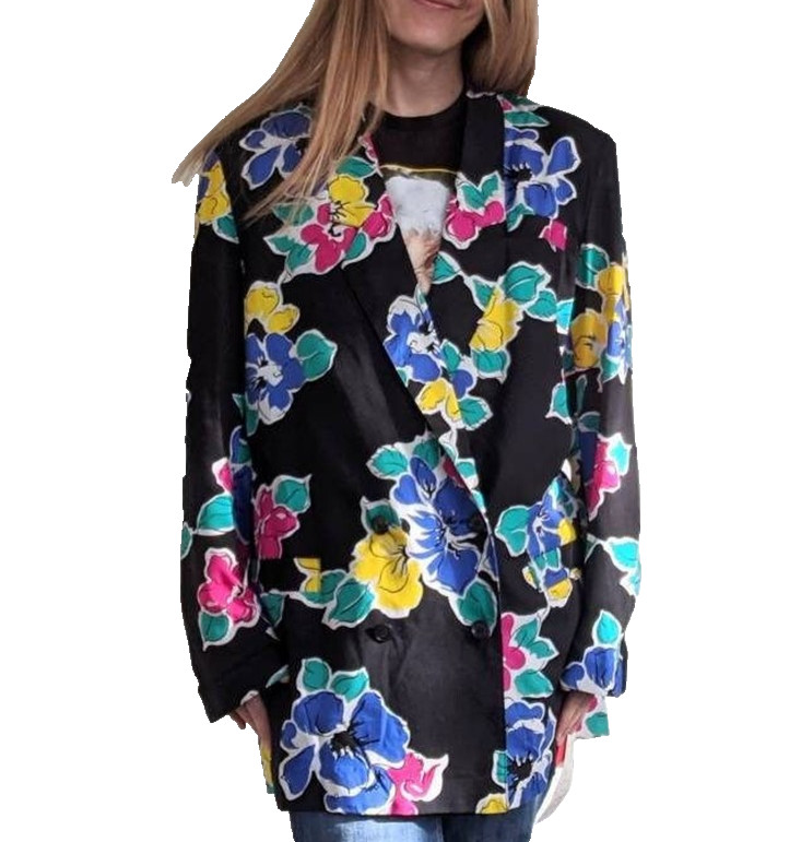 80s Black Floral Jacket Top Bright Print 8 New