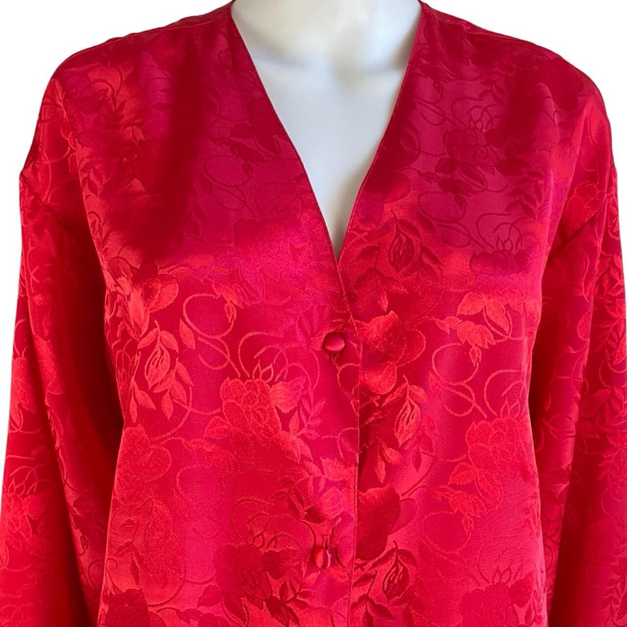 Vintage Floral Satin Nightshirt Womens Size Large 1990s Red Embossed Nightgown