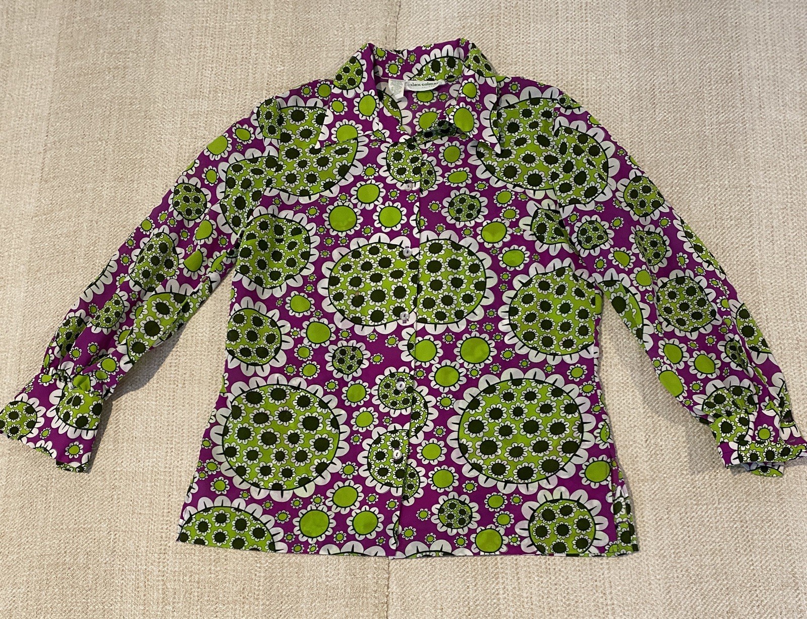 Vintage 70’s ALEX COLEMAN shirt Purple& White daisy Print Sz M Excellent