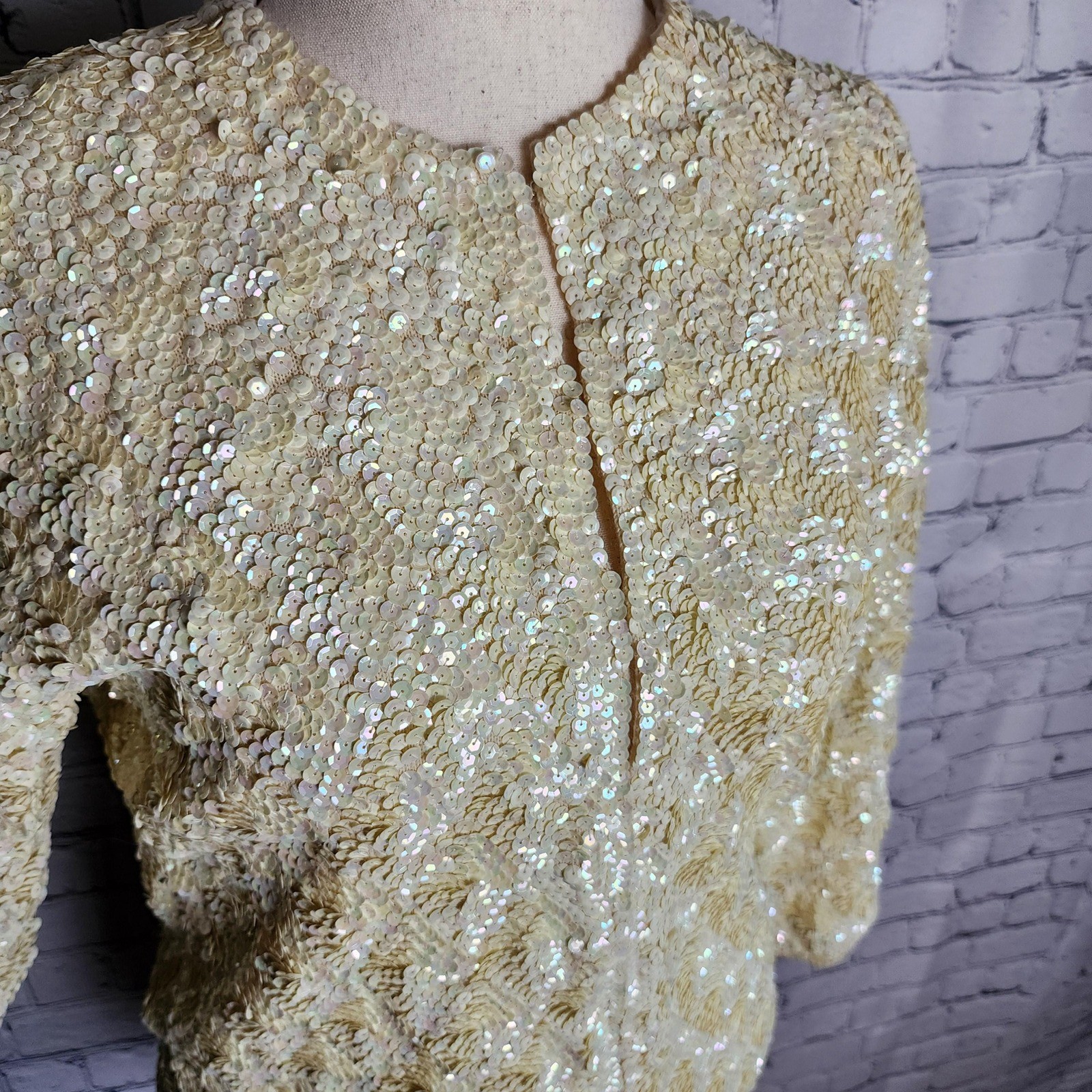 Vintage 60s Iridescent Gold Beige Sequin Jacket Bridal Formal Large Size 40