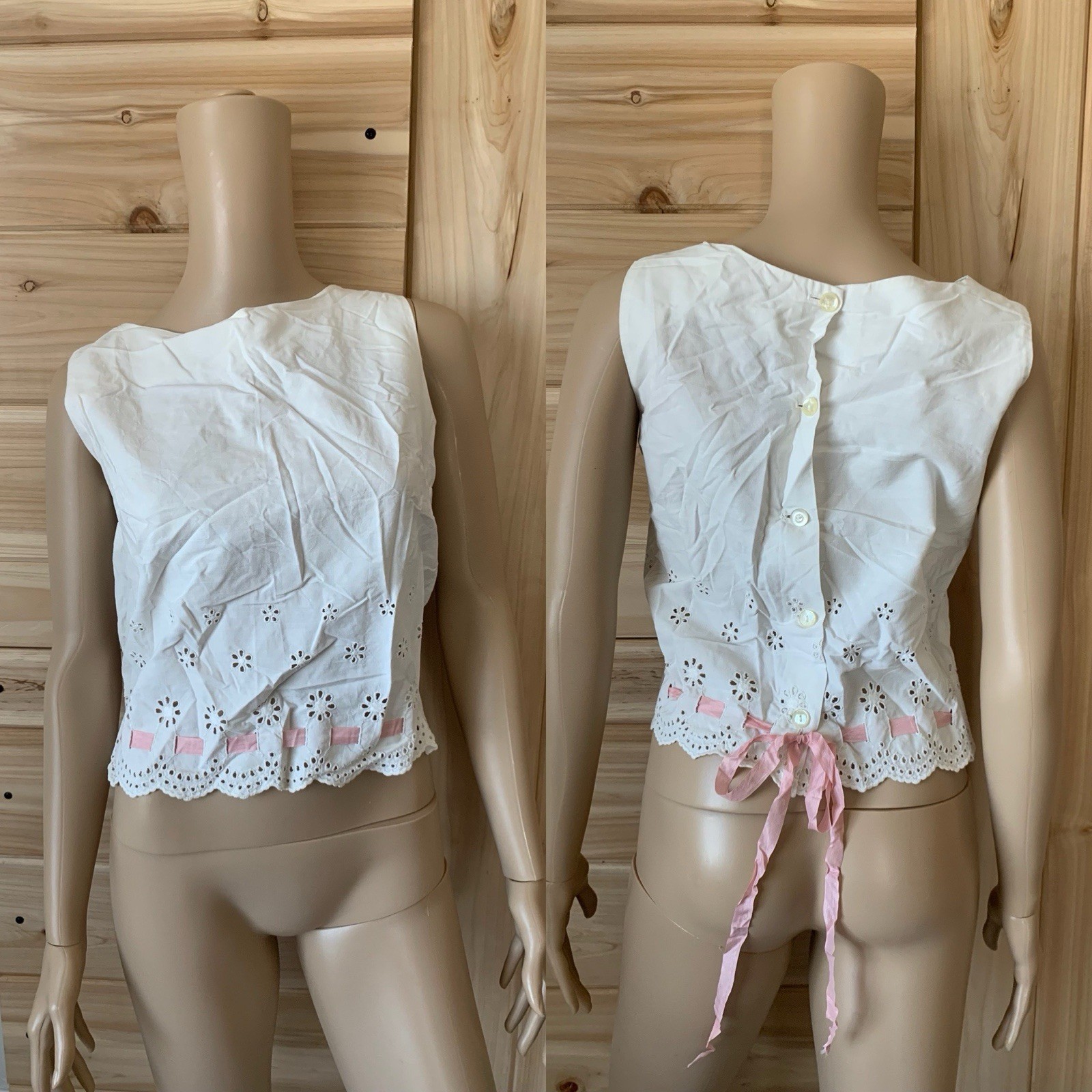 Vintage 50s White Cotton Floral Embroidered Eyelet Sleeveless Blouse W/ Ribbon