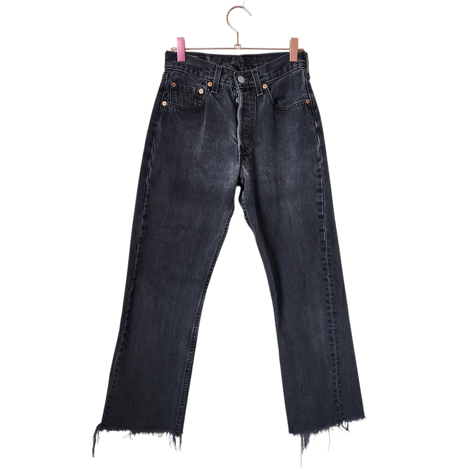 LEVIS VINTAGE Student Fit USA Made Cut Off Raw Hem Denim in black size 27×32