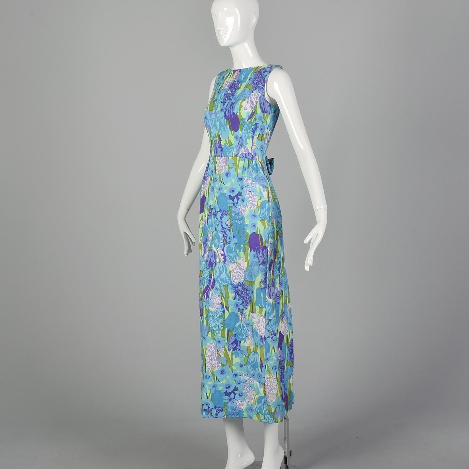 XS Maxi Dress 1960s Blue Purple Floral Bow Modest Prom Semi Formal Gown 60s VTG