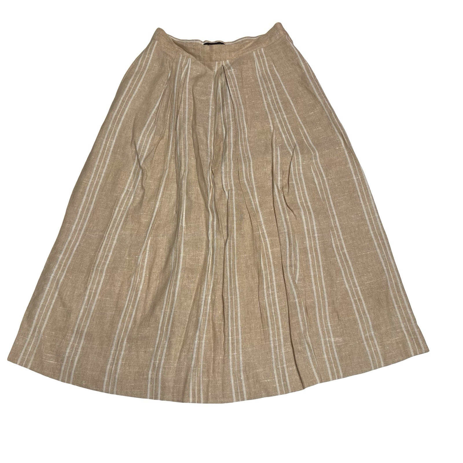 Vintage 70s Counterparts Tan & White Striped Linen Blend Tuck Pleat Skirt Sz S