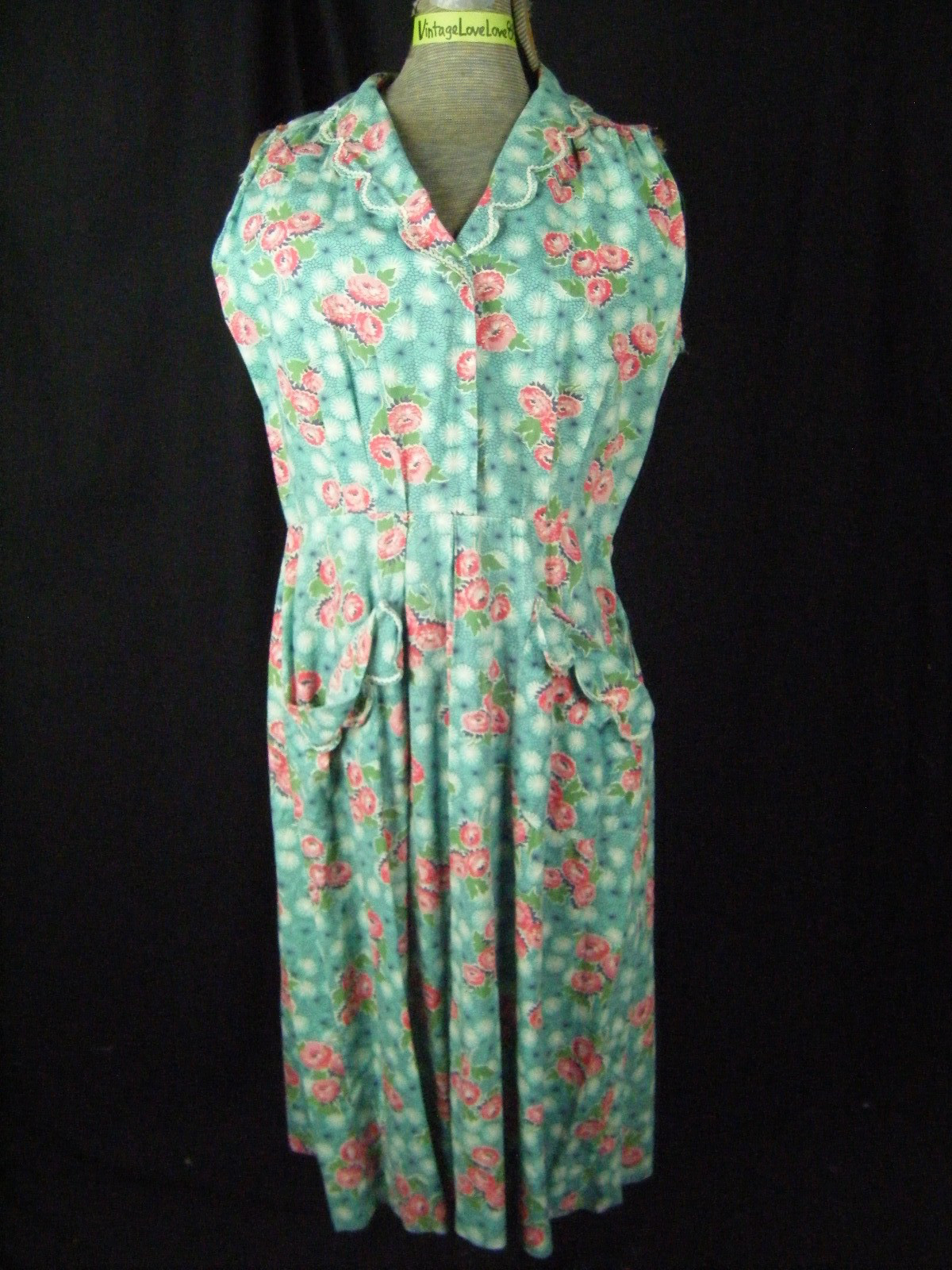 Vtg 50s Handmade Blue Pink Floral Cotton House Dress-Bust 43/M