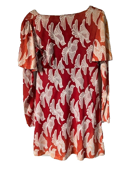 Corky Craig 70s Vtg Mini Dress Red Orange White Bird Short Flared Slvs over L/S