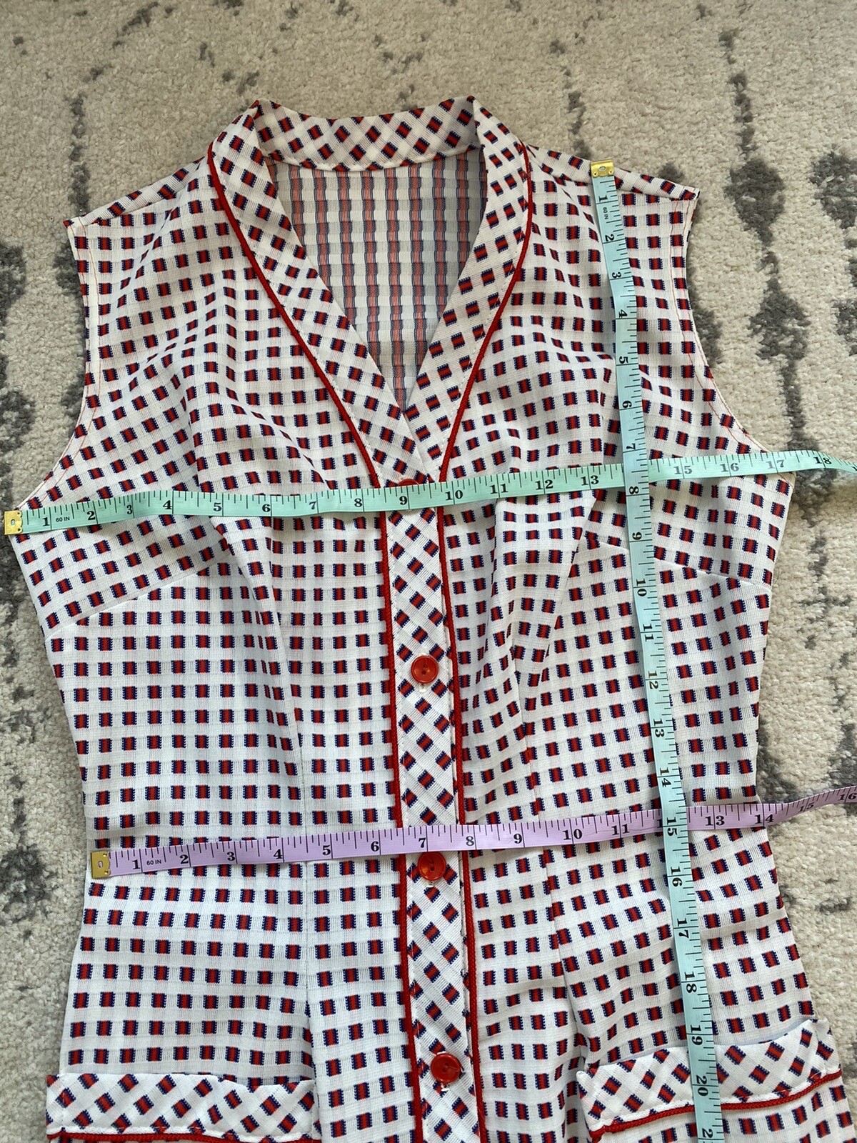 Vintage Summer Dress, 60s-70s Button Front w Pockets S/M, Red White Blue MCM