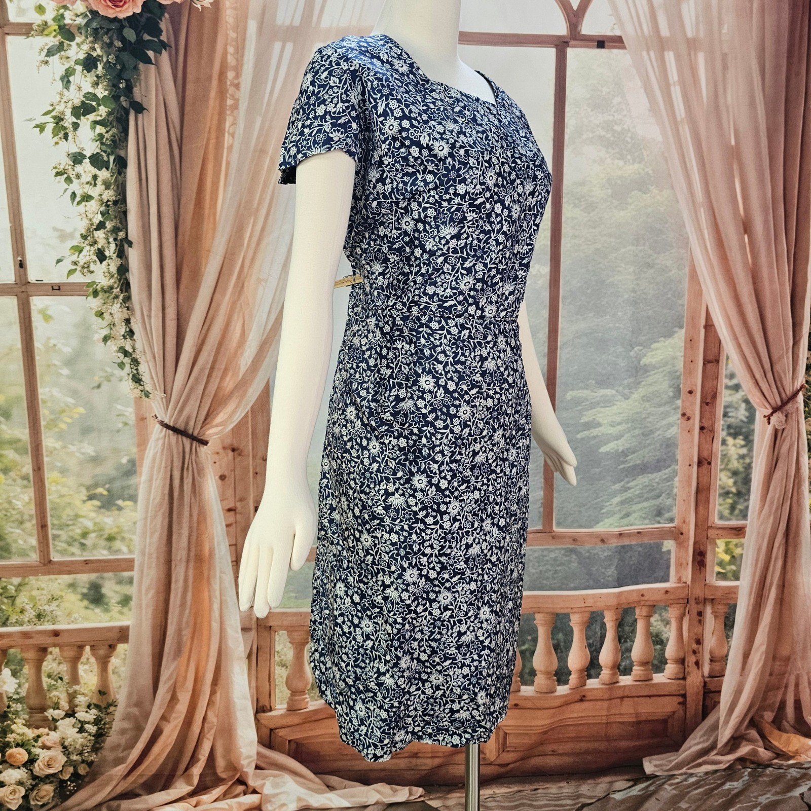 Vintage 1950’s Dress Brewster Navy Blue Floral Square Neck Fitted Pinup as is