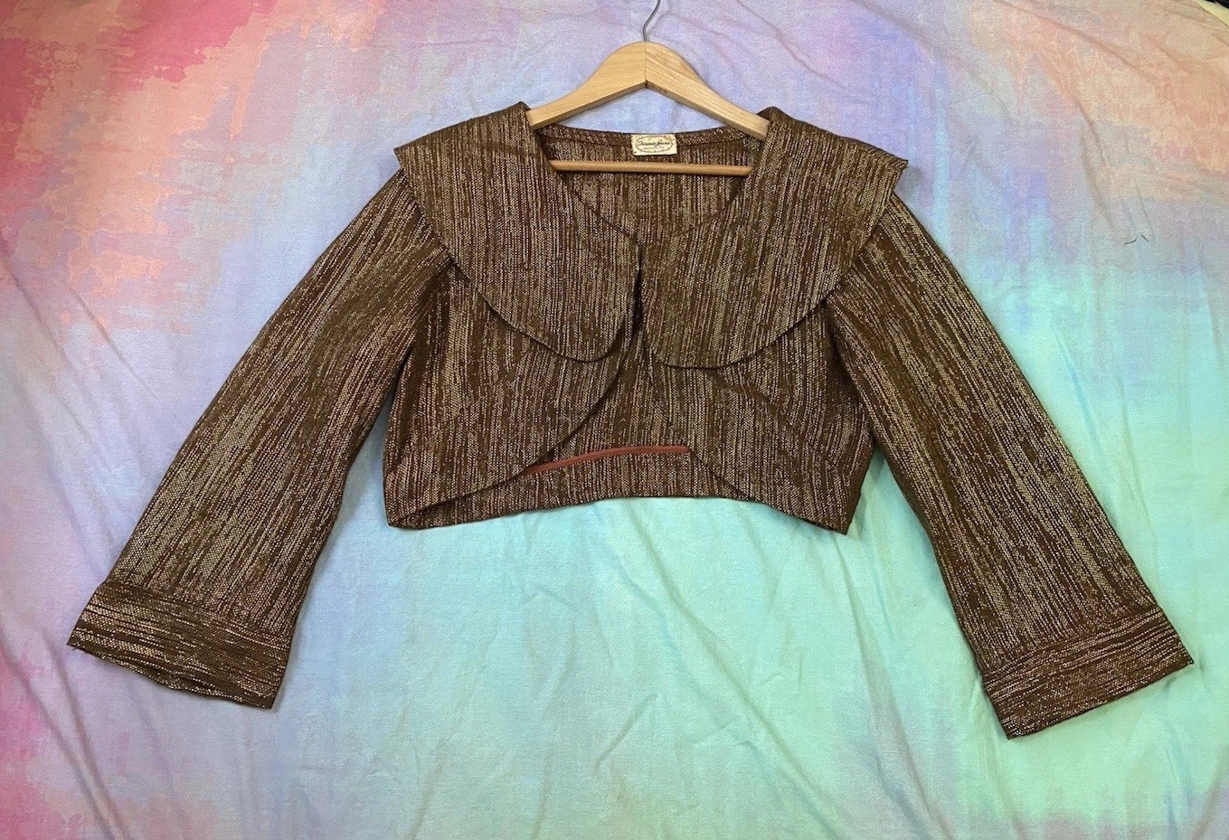 Vintage 1940s 50s Metallic Cropped Gold Brown Bell Sleeve Jacket Top Pinup Sz M