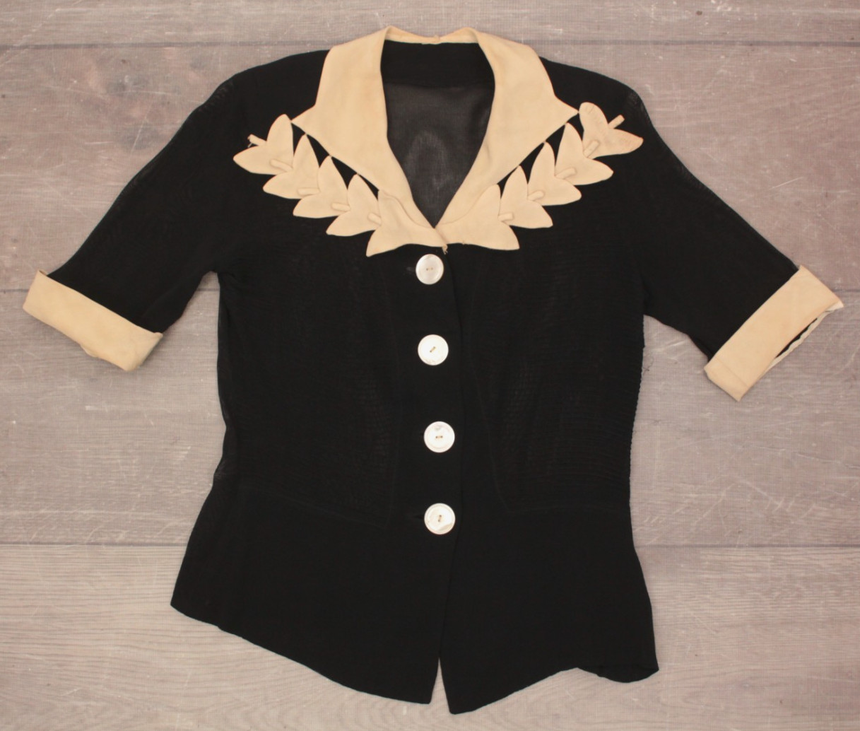 VTG Women’s 30s 2 Pc Black & Cream Trim Sheer Dress Set Sz S 1930s Dress Suit