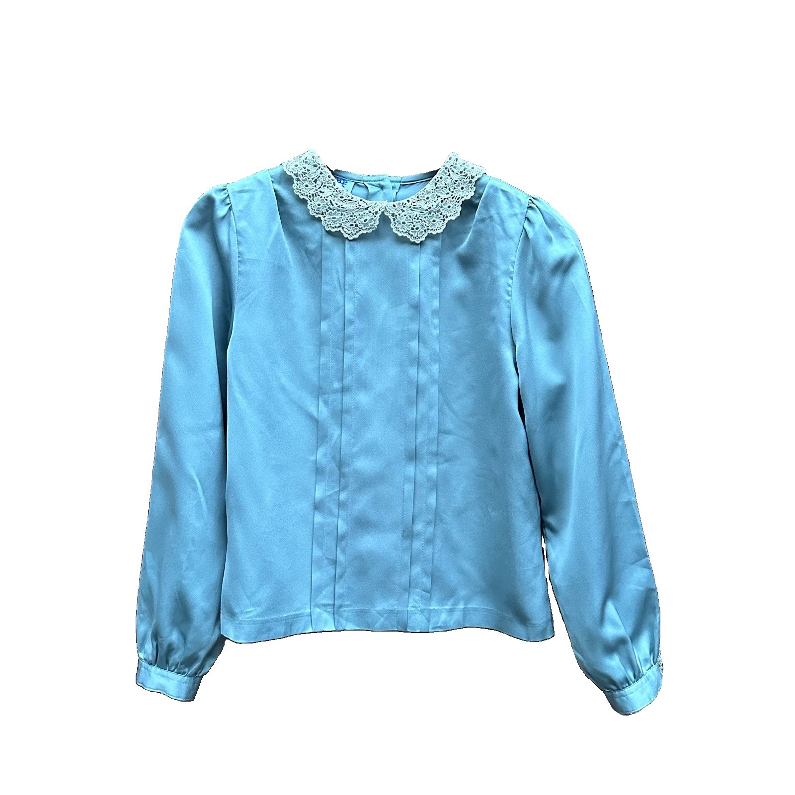 Vintage 80s Blue Satin Blouse with White Lace Collar College Town L Large READ