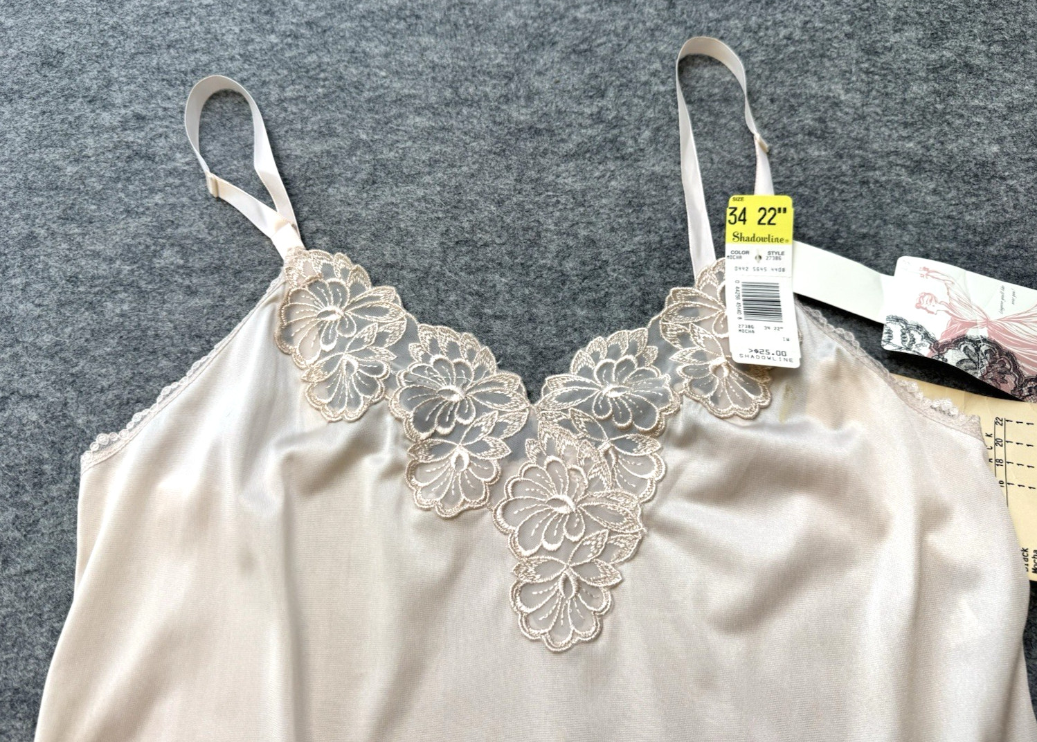 VTG Shadowline Dress Slip NEW w/Tags Peek-A-Boo Lace Sz 34 Mocha Beige 90’s