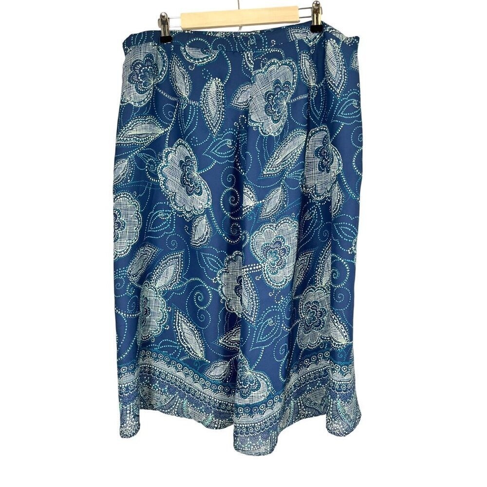 Retro Floral Flowy Midi Skirt Blue XL Paisley Coastal Preppy Resort Classic Chic
