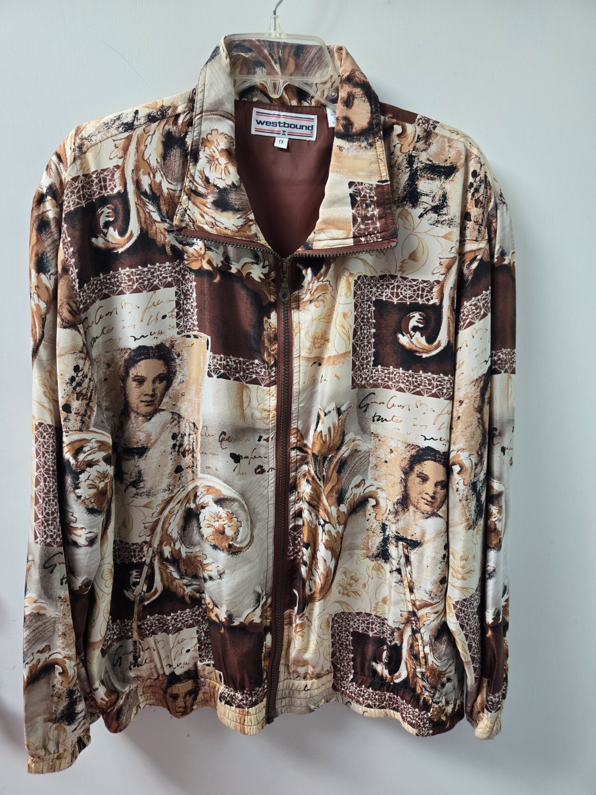 Vtg 1990s Silk Jacket Brown Rococo Baroque Faces Westbound II 1X