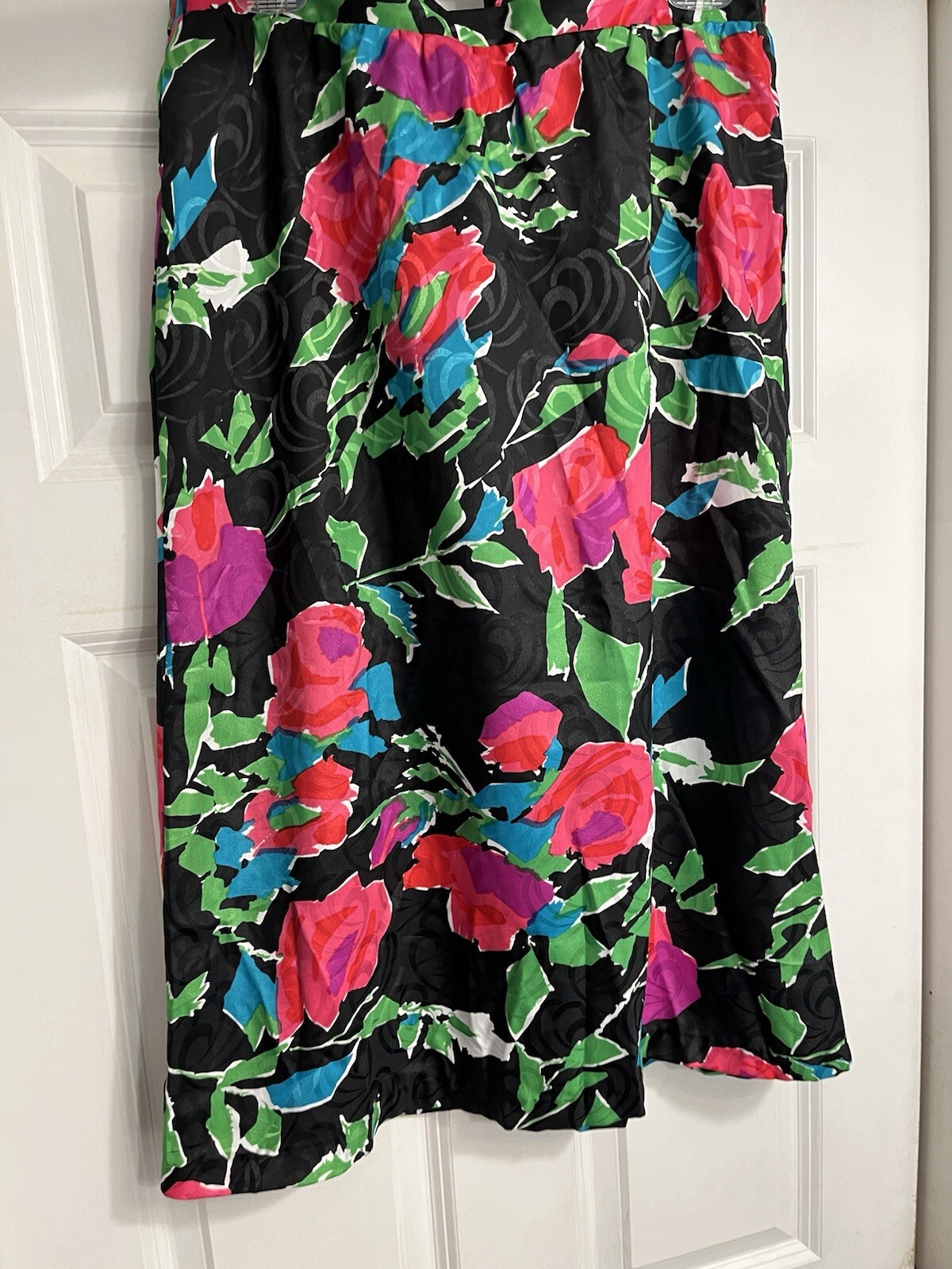 Vtg 80s Anthony Sicari Small Bright Abstact Floral Satin Midi Skirt Belt Sash