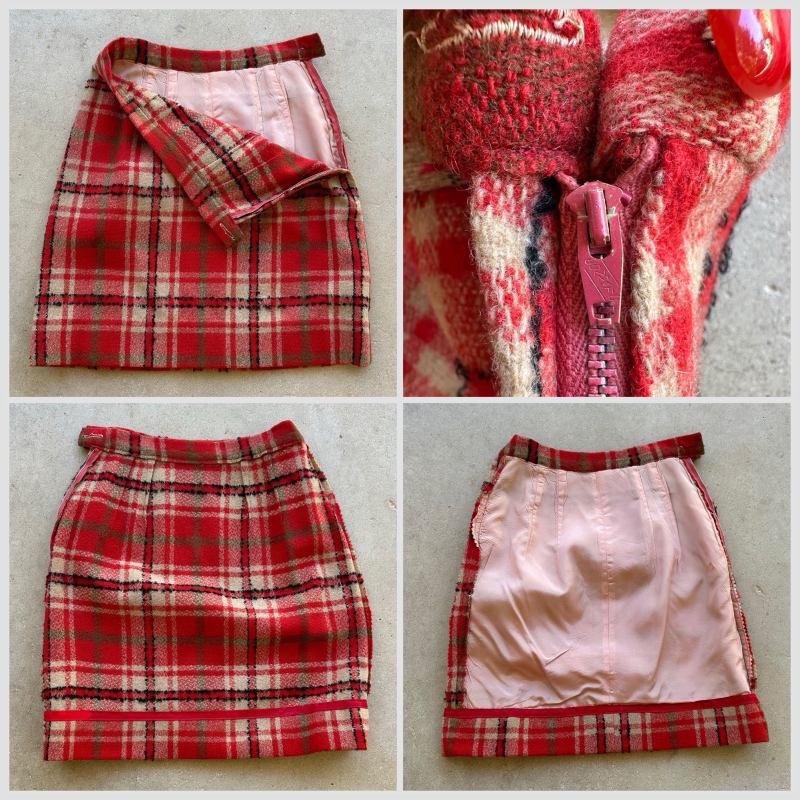 1960s Red Plaid Wool 3-Pc Set Jacket Skirt Pants Handmade Mod Suit Size Zip VTG