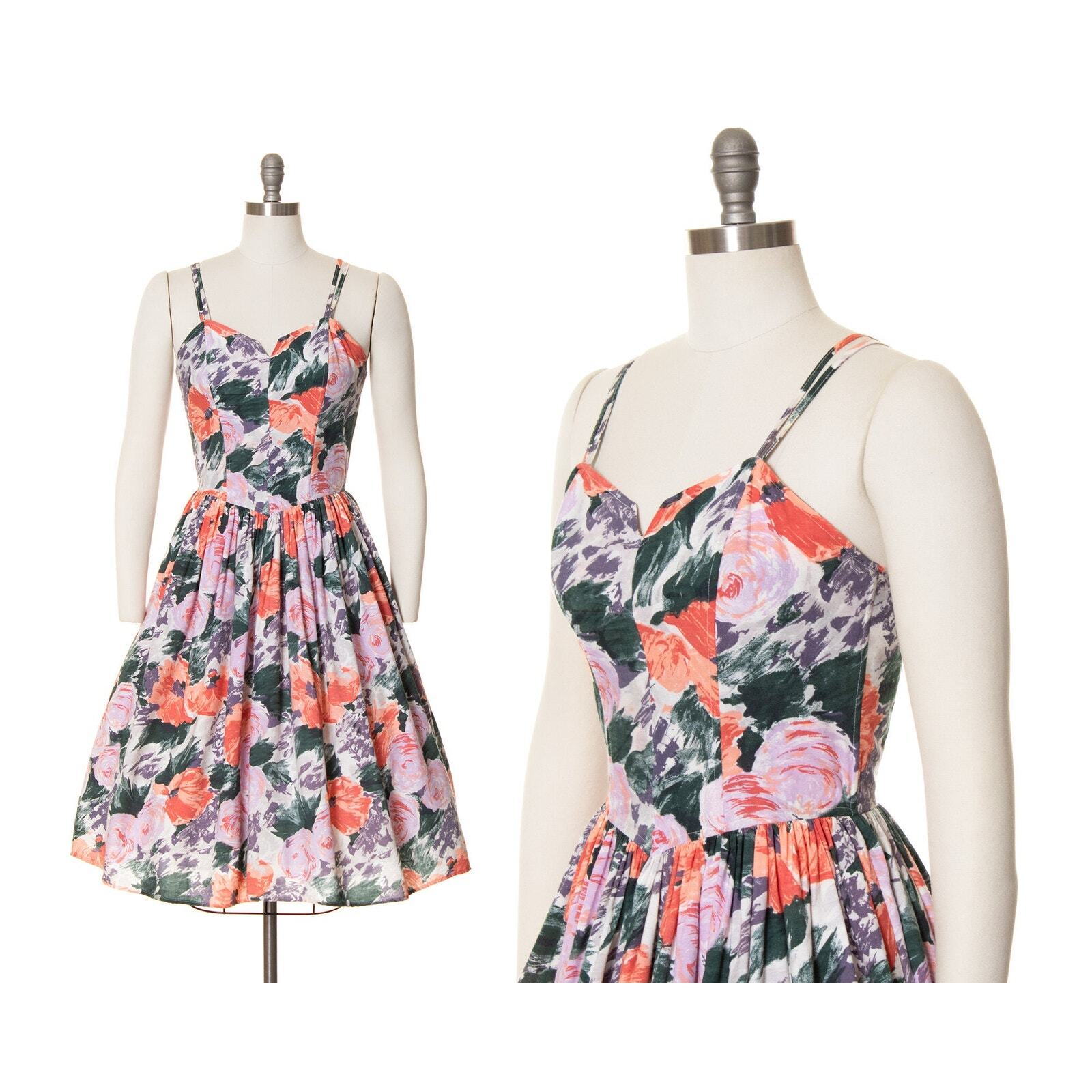 Vintage 1970s Sundress 70s does 1950s Floral Print Spaghetti Strap Fit and Flare