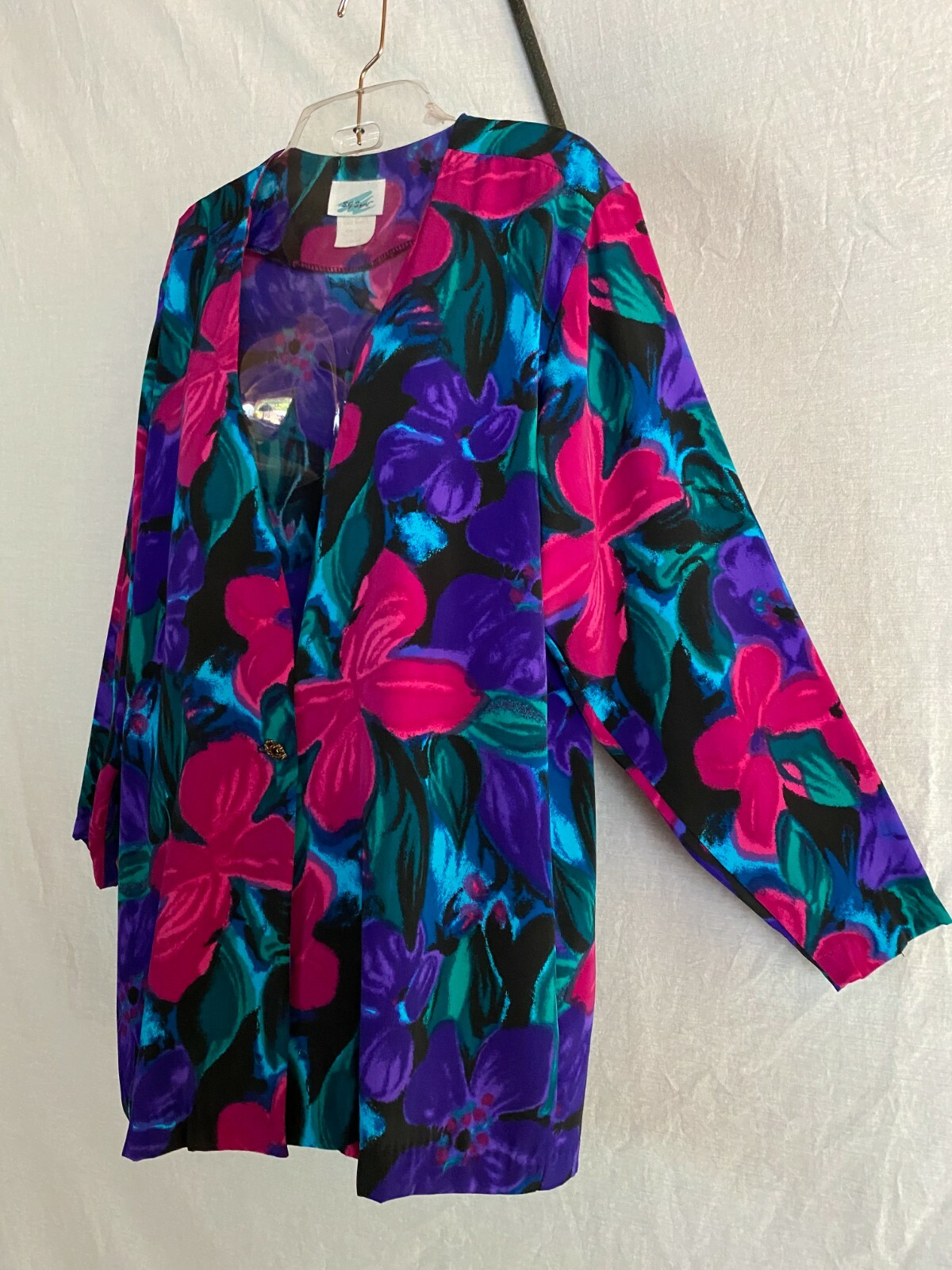 Vtg 80s S G Sport Jacket Top Floral Black Purple Magenta Blue Green Belted USA L