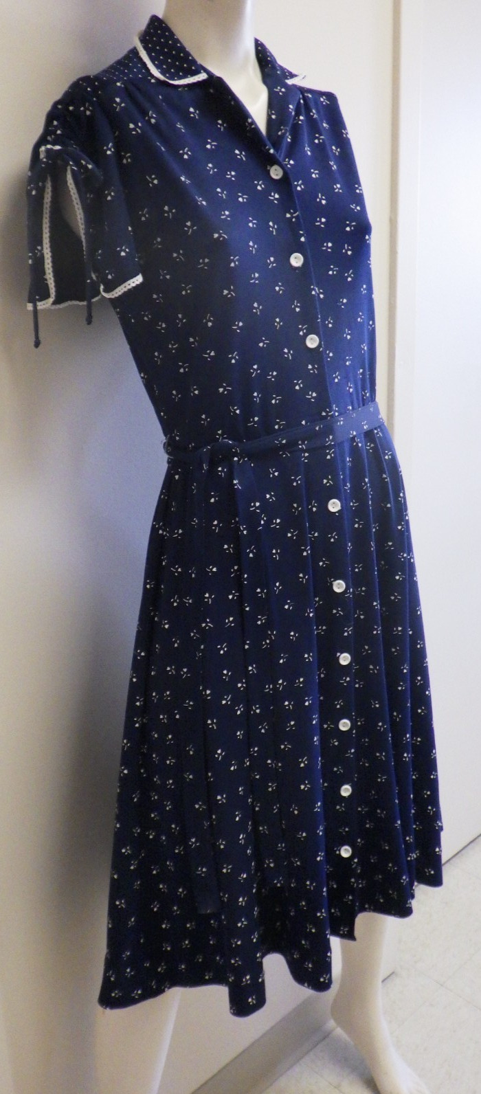 Vintage 70s 80s Boho Blue Shirtdress S Button Up Cap Sleeve Fit Flare Retro