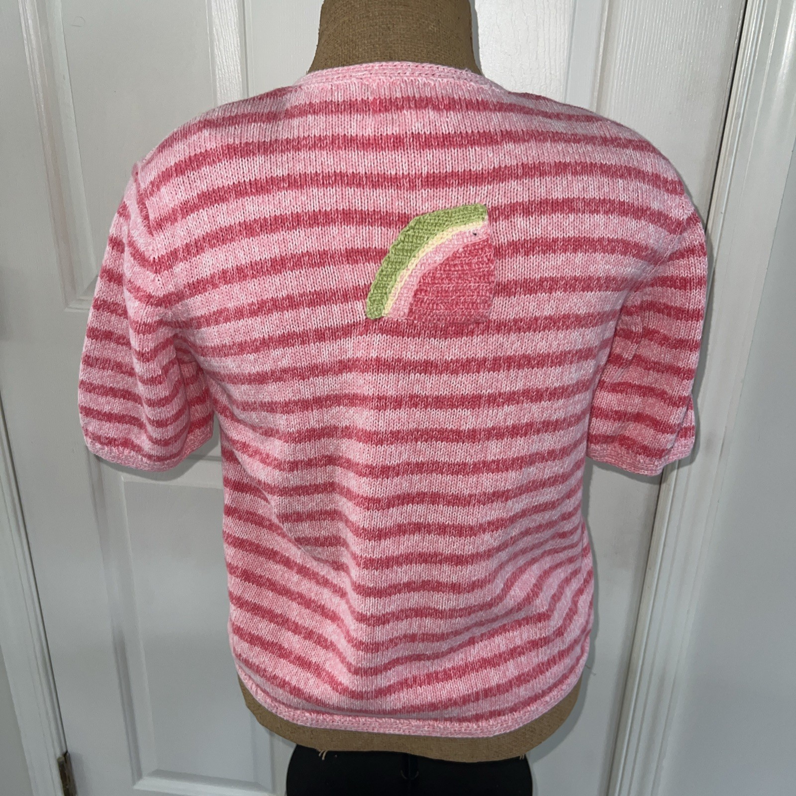 Vtg Christopher & Banks Pink Stripe Hand Stitched Sweater Watermelon Pocket Sz S