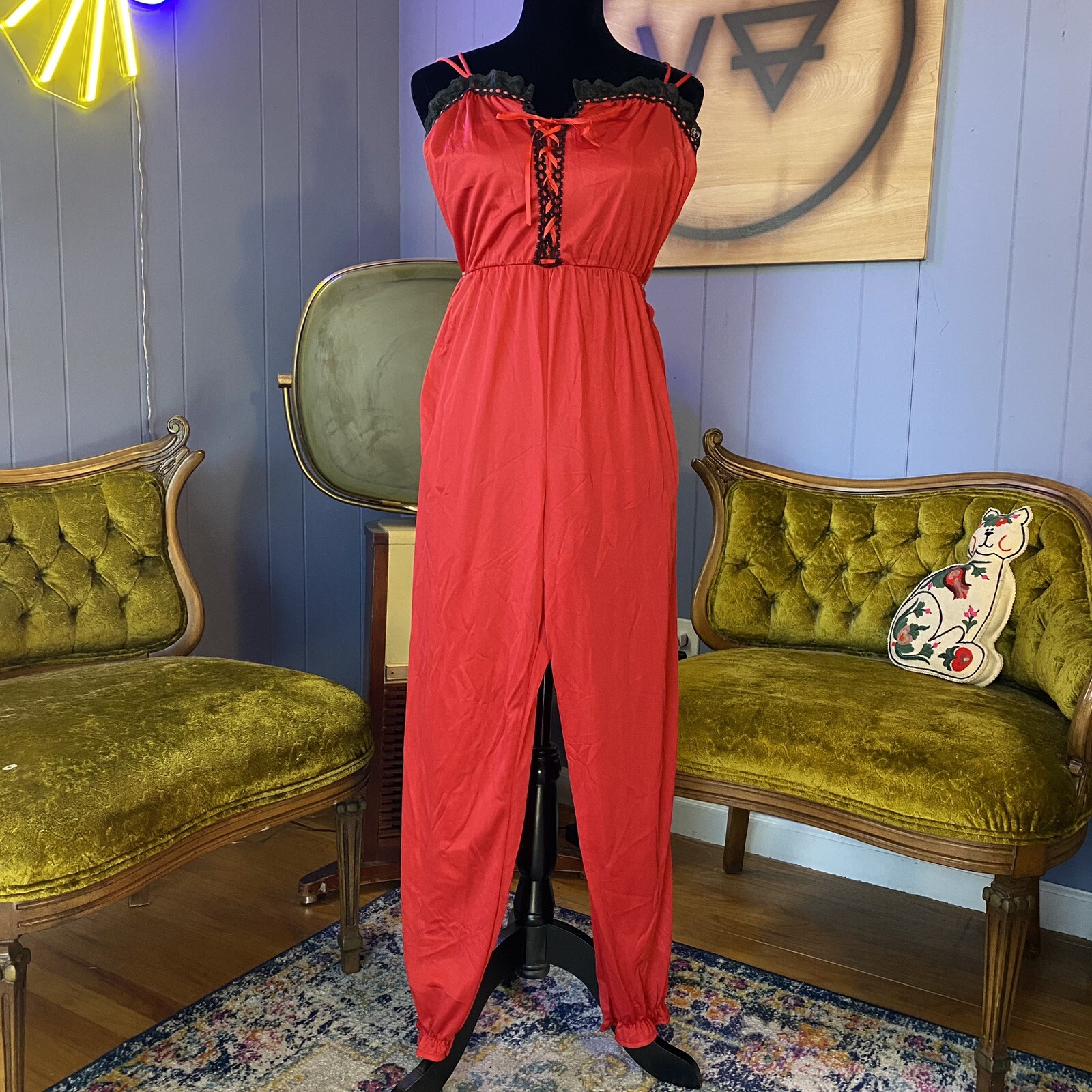 Vintage 70s Lady Cameo Lingerie Harley Quinn Red and Black Lace Nylon Jumpsuit