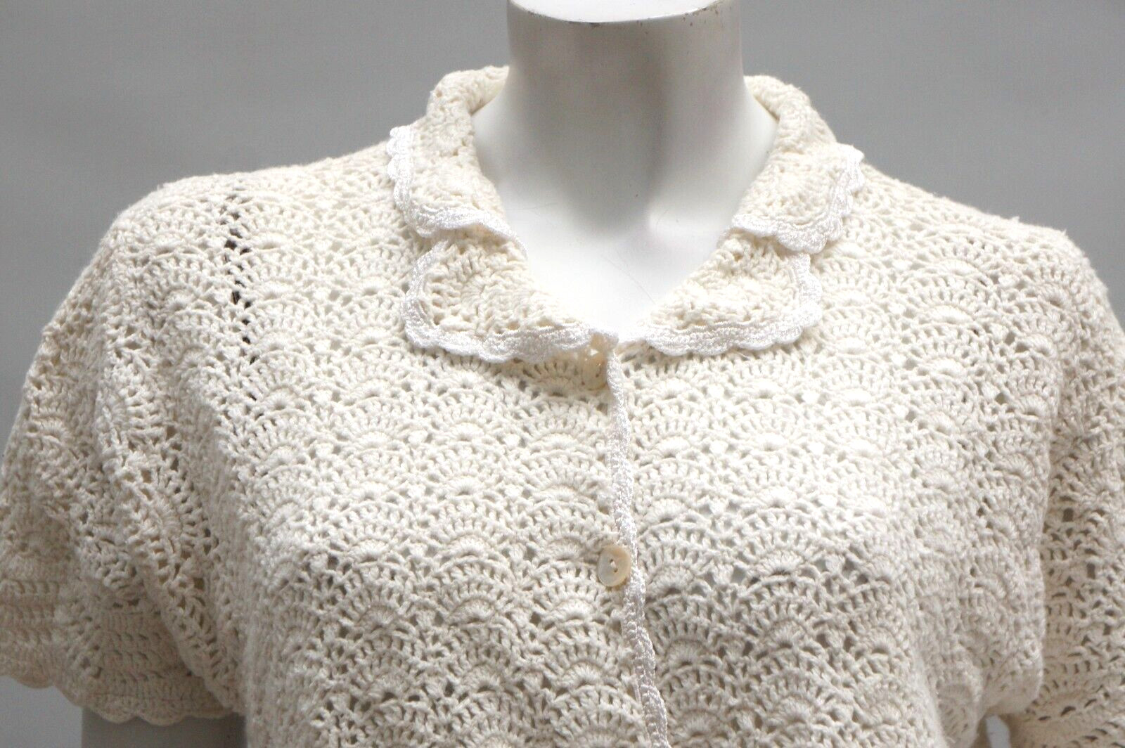 Vintage Jantzen Crochet Cardigan Sweater Open Knit Lace Mother of Pearl Buttons