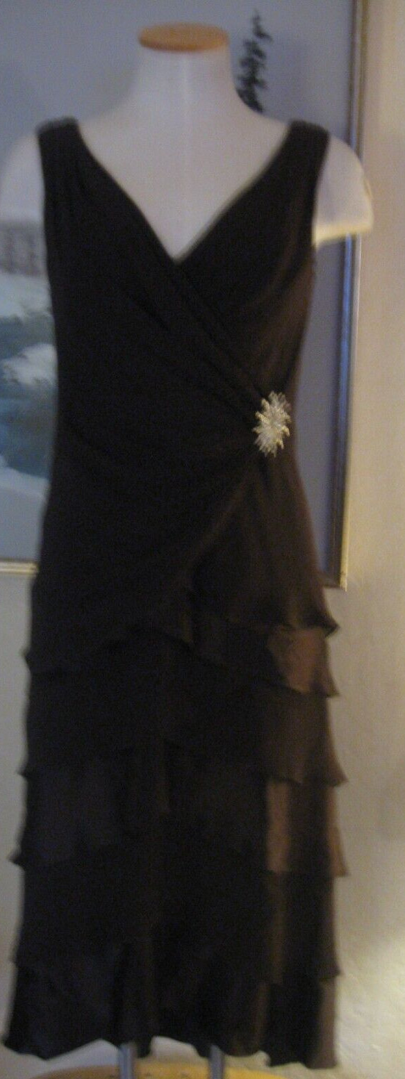 Tadashi Silk Cocktail dress Mocha mermaid hem ruffles Rhinestone Brooch wispy 6