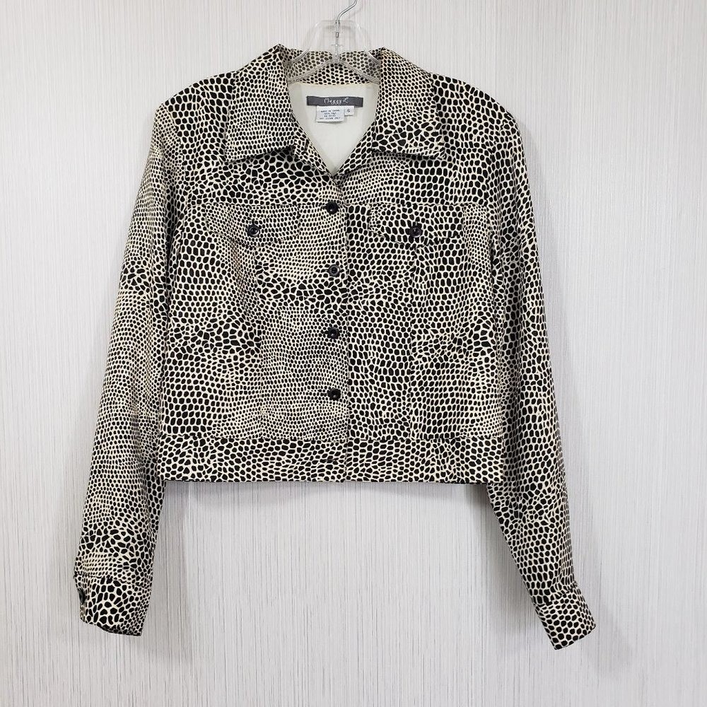 Maggy L vintage snake print 100% silk crop button down front top / blazer size 6