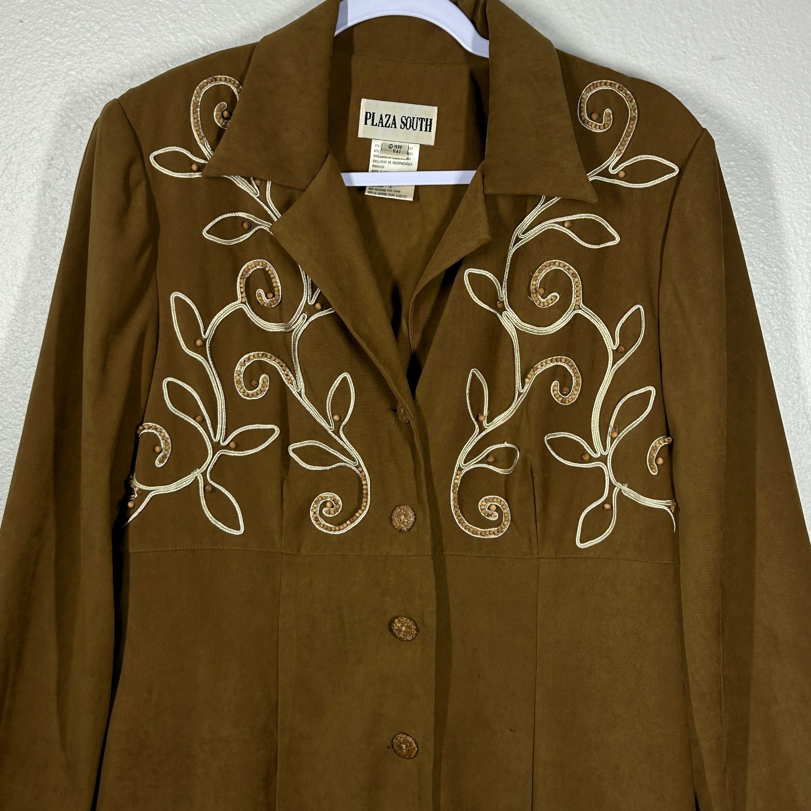 Vintage Plaza South Brown Embroidered Button Front Jacket Dress Womens 12 Boho