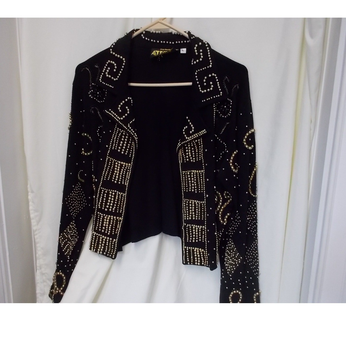 Attitudes by Debra Black Embellished Studded Beaded Open Front Jacket Large