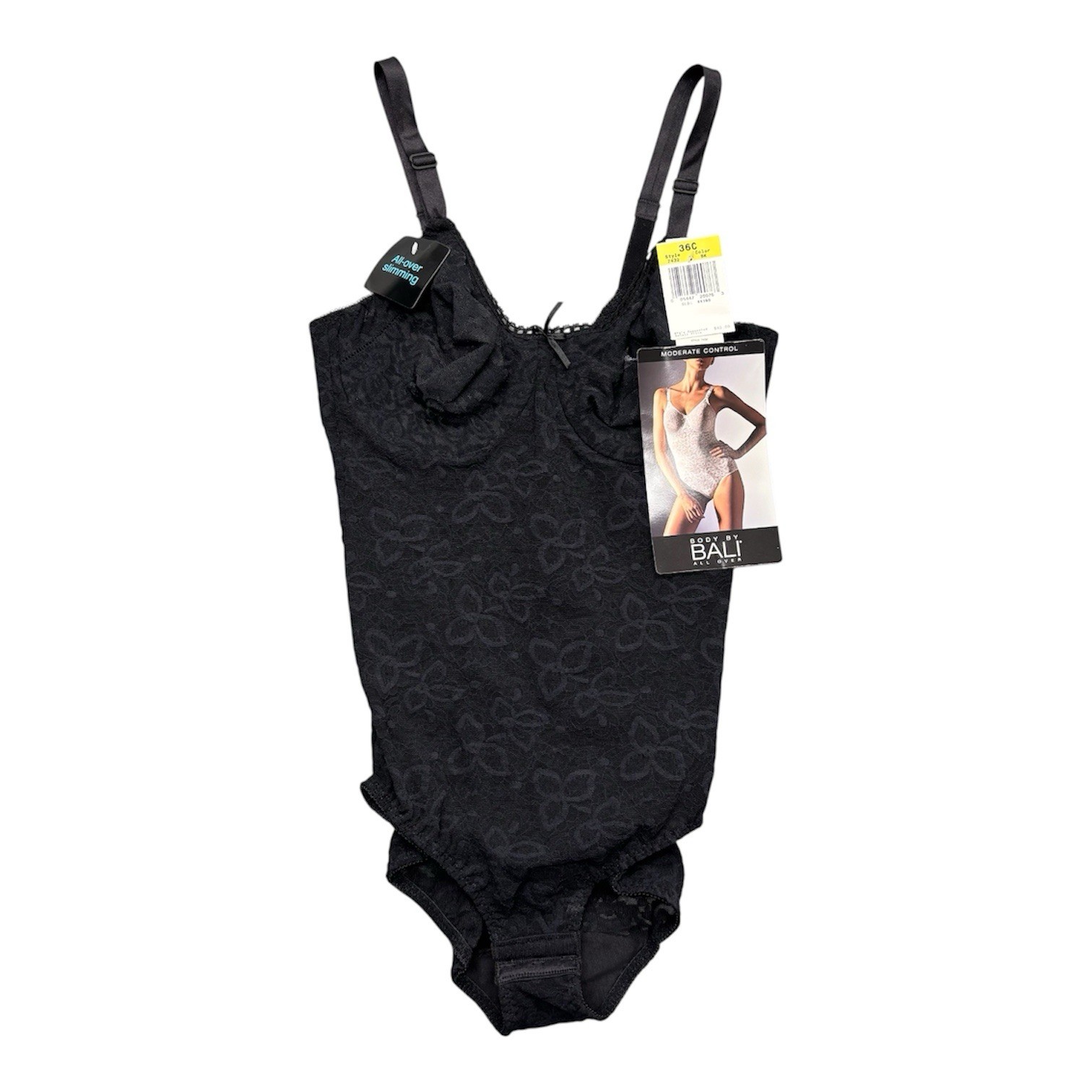 Vintage NWT BALI 36C Lace Black Built in Underwire Bra Shaping Bodysuit #7432