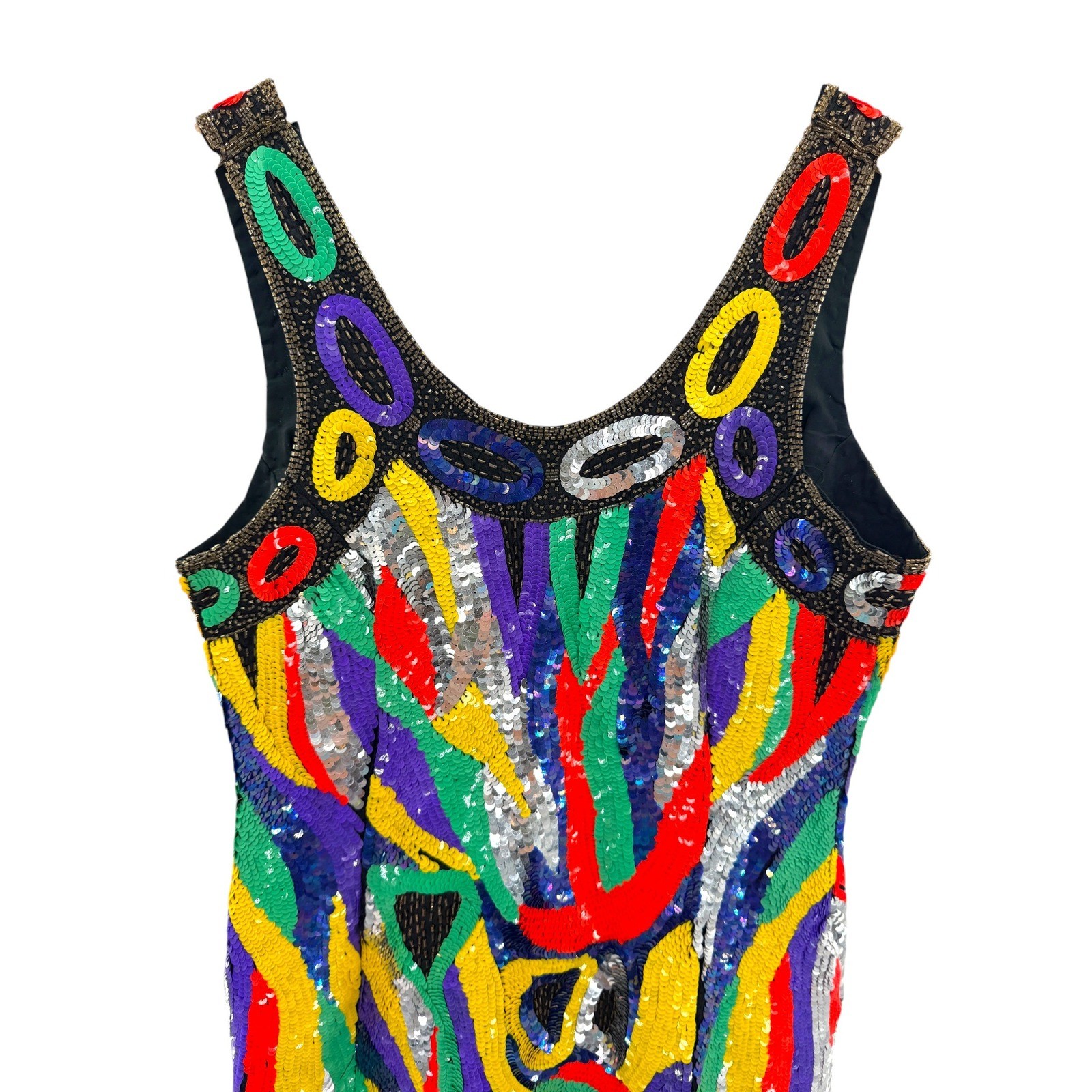 Channa Vtg Pure Silk Rainbow Sequin Dress Hand Beaded Abstract Geometric M FLAW